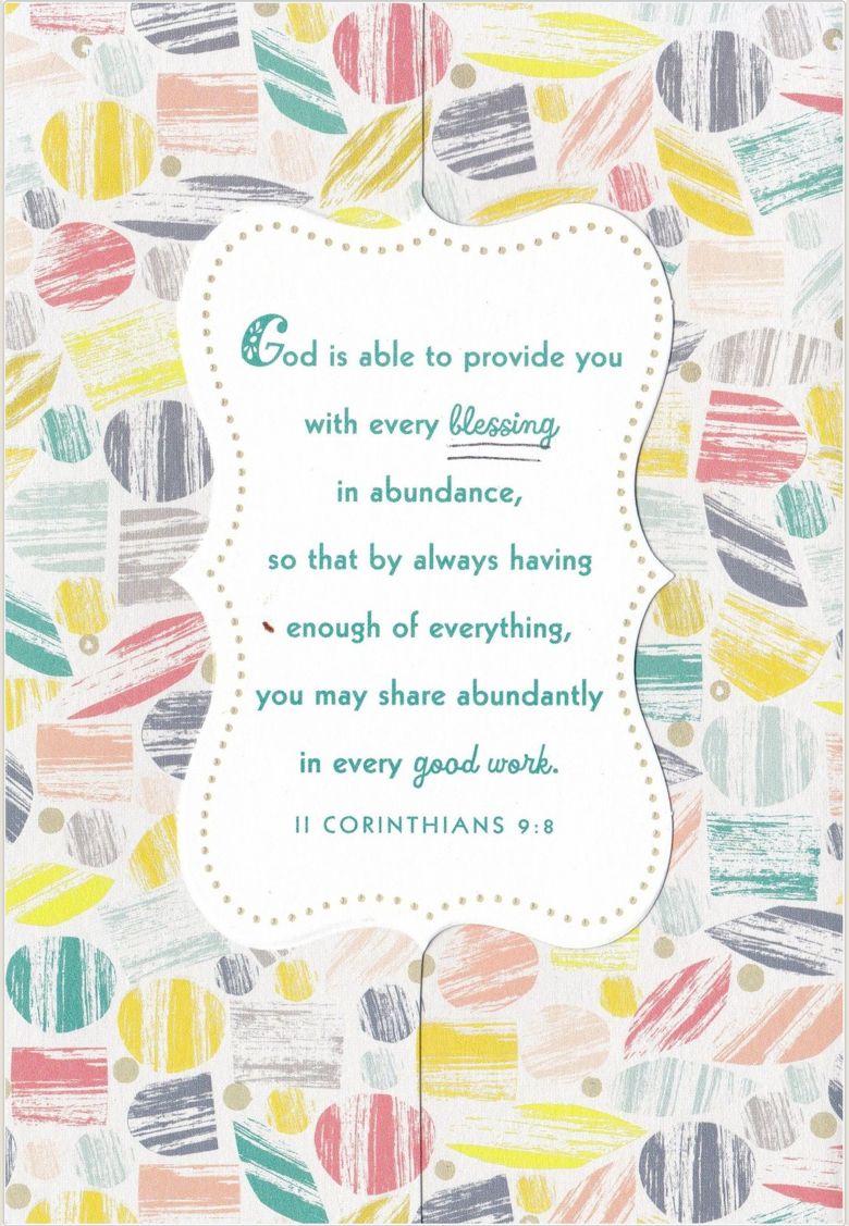 Back of the card: a scalloped cream label on the confetti pattern printed with II Corinthians 9:8 in teal.