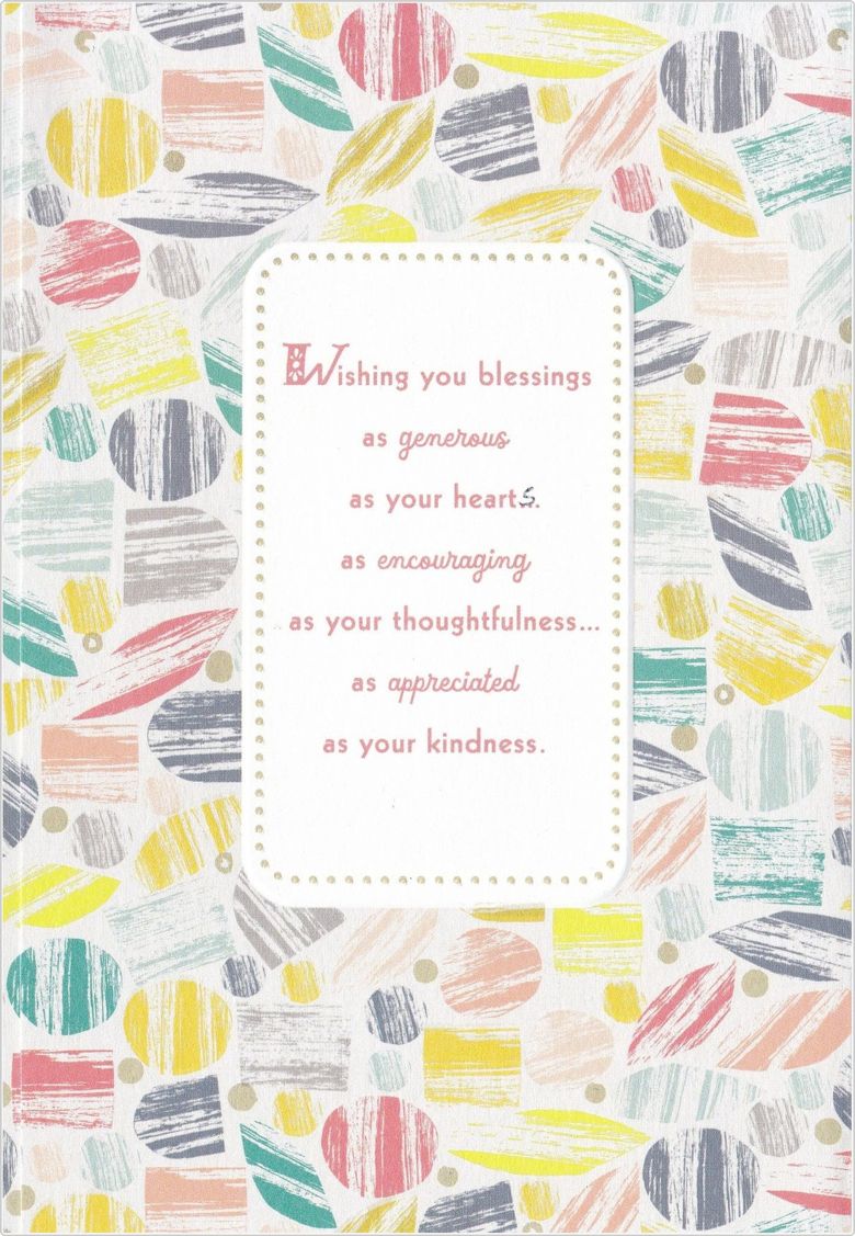 Front of the card: coral, yellow and teal brushstroke confetti around a cream panel reading, Wishing you blessings as generous as your hearts.