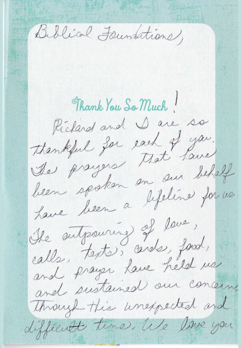 Inside left of the card: a long handwritten thank-you note in cursive on a white label over pale teal paper.