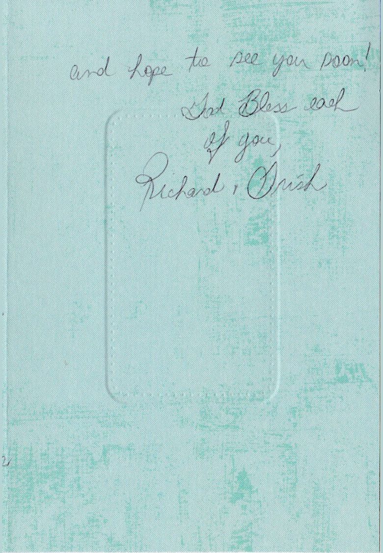 Inside right of the card: handwriting on pale teal paper reading, and hope to see you soon! God Bless each of you, Richard and Trish.